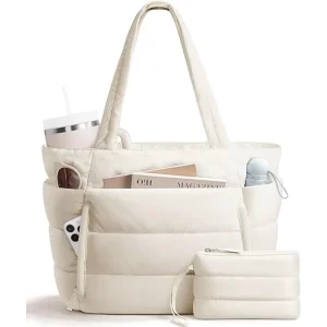 Multi Compartment Puffer Nylon Tote Bag 2pcs Set Large Shoulder Purse for Travel Multi Colors Quilted Puffer Shoulder Tote Bag