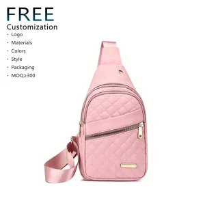 Multi Pocket Nylon Sling Bag for Women Quilted Crossbody Chest Bag with Headphone Hole Light Pink Travel Shoulder Bag