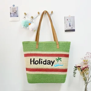 Multi functional Weave Paper Female Holiday Seaside Beach Tote Bag Fashion Stripe Ladies Straw Shopping Bag Pu Handle Handbag
