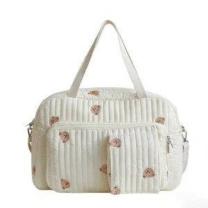 Multifunction Large Capacity Travel Tote Diaper Bag Quilted Maternity Bag for Mom Mommy Handbag with Embroidered Bear Pattern