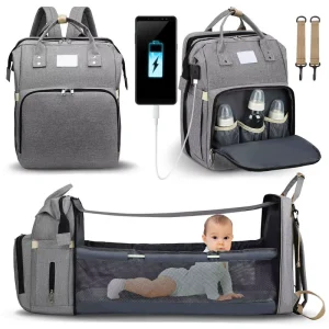 Multifunctional Folding Maternity Waterproof USB Handbag Stroller Baby Nappy Bag Bed Backpack Diaper Bag with Bassinet for Mom