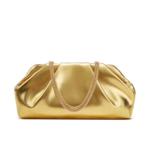 NEW Women Pu Leather Gold Metal Clutch Bag Elegant Party Shiny Evening Bags Chain Crossbody Bag
