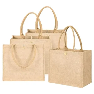Natural Reusable Medium Jute Shopping Bag with Handled Shoulder Strap Custom Logo Letter Pattern Gift Option
