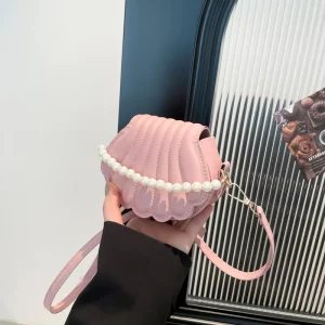 New Arrival Elegant Stylish Casual Embossed Creative Single Shoulder Pearl Pu Bead Chain Crossbody Handheld Shell Bag