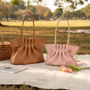 New Arrival Pleated Genuine Leather Handbag Women Cross-Border Fashionable Shoulder Bag High-End Tote