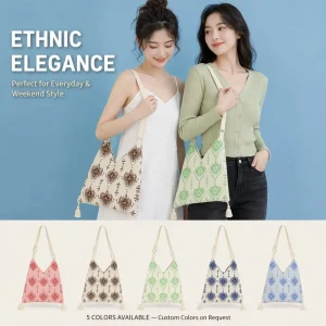 New Bohemian Ethnic Style Polyester Knitted Crossbody Bag Plaid Pattern Magnetic Closure Large Capacity Lightweight Portable