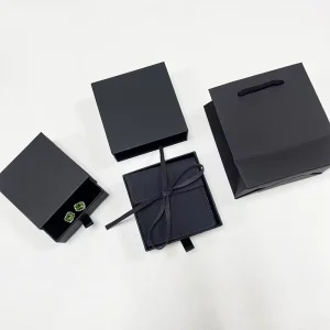 New Custom Black Elegant Lid and Base Paper Jewelry Box Necklace Packaging Snap Button Microfiber Envelope Pouch Bag Set