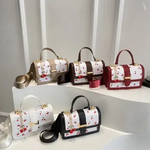New Cute Cherry Print Shoulder Crossbody Bag for Women PU Leather Handbag Trendy Ladies Square Bags