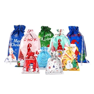 New Design Durable Large Christmas Drawstring PE Gift Bags Foil Wrapping for Gifts Party Favors Holiday Decoration