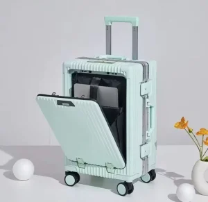 New Design Multifunction Front Opening Cover Carry On Travel Suitcase with USB Charger and Cup Holder