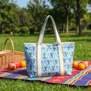 New Design Scalloped Canvas Tote Bag Personalized Ric Rac Stripe Gingham Beach Shoulder Bag for Vacation