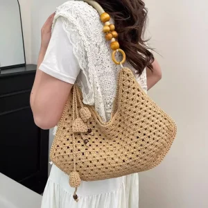 New Designer Openwork Crochet Tote Bag Lightweight Tassel Large Capacity Straw Woven Shoulder Handbag