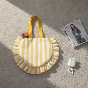 New Fashion Personalized Yellow Striped Ruffle Shopping Bag Eco Friendly Portable Large Capacity Daily Use Tote Bags for Women