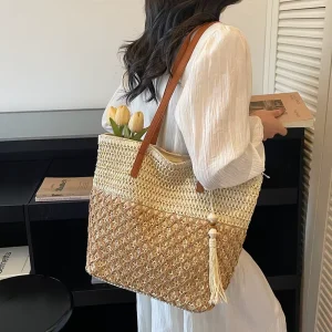 New Handwoven Straw Tote Bag for Women Contrast Color Tassel Leather Strap Bohemian Beach Shoulder Bag