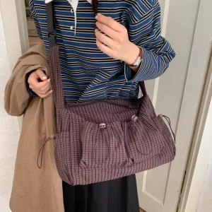 New Korean Style Plaid Drawstring Cloud Bag Large Capacity Canvas Shoulder Bag Women’s Crossbody Messenger Bag
