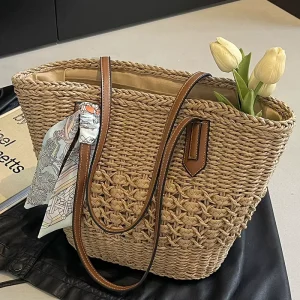 New Large Capacity Woven Women’s Seaside Holiday Shoulder Bag Resort Tote Beach Bag Open Urban Simplicity Polyester