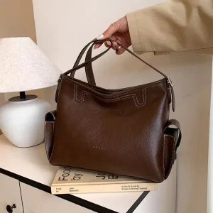 New Luxury PU Leather Shoulder Bag for Women Large Capacity Tote Crossbody Bag with Side Pockets Hobo Handbag