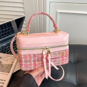 New Luxury Tweed Handbag for Women Quilted Box Bag with Handle Elegant Shoulder Crossbody Bag Fashion Office Lady Daily Bag