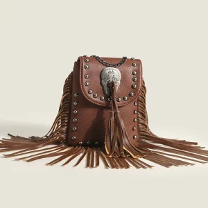 New Retro Tassel Rivet Phone Bag Women’s Small Chain Crossbody Shoulder Bag Perfect for Vacation
