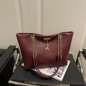 New Retro Women’s Bag Solid Color PU Leather Shoulder Bag High Quality Handbag with Chain