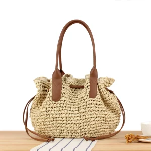 New Style Lady Fashion Straw Woven Bag Two String Closure Polyester Lining Portable Large Capacity Handmade Summer Autumn