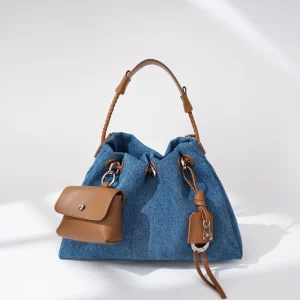 New Stylish High Quality Genuine Leather Vintage Fashion Open Clutch Bag Summer Denim Bucket Handbag Luxury Drawstring Shoulder