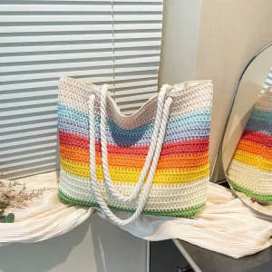 New Stylish Two Handle Summer Shoulder Bag for Women Rainbow Striped Color Block Straw Large Capacity Beach Holiday Bag