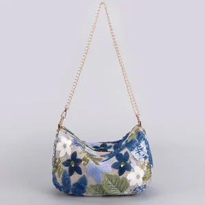 New Trendy Sequined Embroidered Floral Zipper Closure Single Strap Chain Shoulder Crossbody Bag for Women