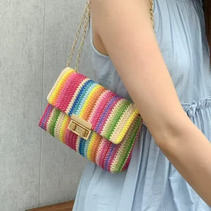 New Vacation Style Chain Flap Hook Loop Striped Colorful Straw Woven Single Strap Portable Shoulder Crossbody Bag Polyester
