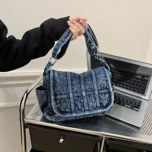 New Washed Denim Messenger Bag Women Flap Crossbody Shoulder Bag Large Capacity Casual Satchel Handbag