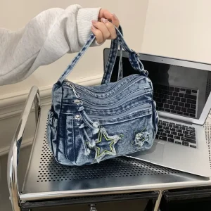 New Women’s Lazy Style Washed Denim Crossbody Bag Large Capacity Soft Shoulder Handbag Adjustable Strap