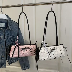 New Women’s Urban Simplicity Bow Stitch Pu Handbag for Shoulder Bag Two Straps Zipper Small Size Fall