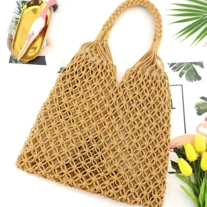 New Woven Cotton Rope Tote Bag Large Capacity Hollow Out Lightweight Women’s Beach Shoulder Handbag