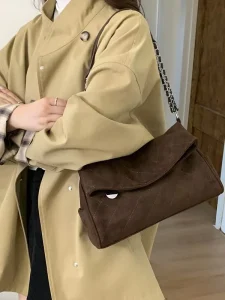 Niche Winter Retro Diamond Pattern Suede Bag Fashionable Versatile Chain Shoulder Crossbody Bag Korean Style Polyester