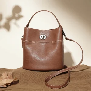 ODM OEM Genuine Leather Vintage Light Handbag Women’s Cowhide Bucket Bag Casual Zip Single Strap Shoulder Bag