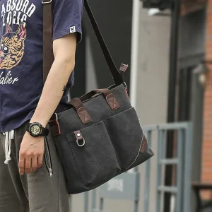 OEM Custom Black Brown Men’s Business Canvas Waterproof Handbag Outdoor Student Casual Messenger Shoulder Bag