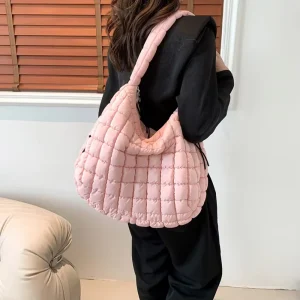 OEM Lady Large Quilted Carryall Puffer Single Shoulder Bag Lightweight Cloud Down Cotton Filled Padding Hobo Custom Tote Bag