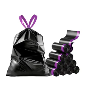 OEM ODM Black HDPE Drawstring Trash Bags Heavy Duty Leak Proof Portable Tear Resistant Supermarket Home Office Commercial