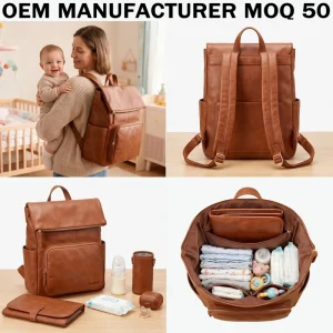 OEM ODM Brown PU Leather Nappy Bag High Quality Custom Diaper Backpack with Changing Mat & Pacifier Case for Mom