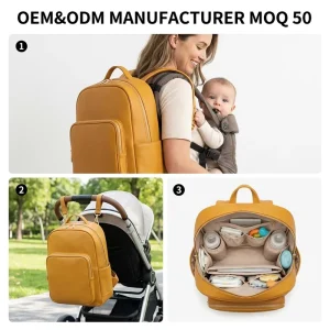 OEM ODM Custom Diaper Bag Eco friendly Brown Vegan Pu Leather Baby Back Pack Large Capacity Hospital Nappy Mother Mommy Bag