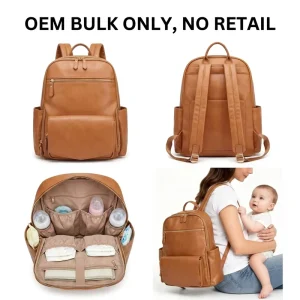 OEM ODM Custom Mom’s Back Pack PU Vegan Leather Brown Portable Waterproof Nappy Organizer Baby Diaper Bag with Pram Straps