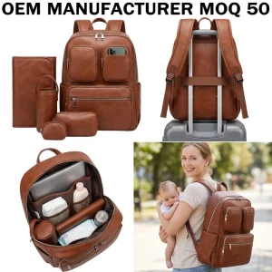 OEM ODM Multi Pocket Nappy Bag Brown PU Diaper Bag Backpack Set with Changing Pad Bottle Holder for Travel
