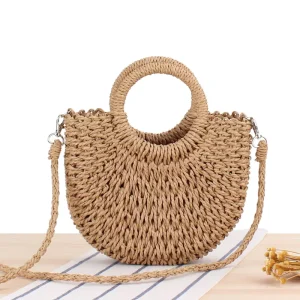 OEM Women’s Hand Woven Natural Shell Bag Crossbody Beach Straw Handbag String Closure for Summer Autumn Spring