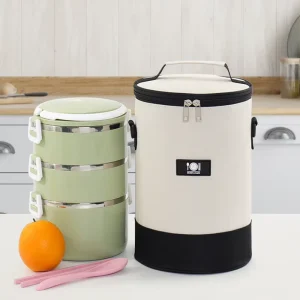 Oxford Cylindrical Thermal Insulation Lunch Bag Zipper Closure Multi layer Design for Office School Use Cross body Lunch Bag