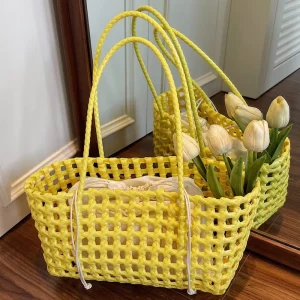 PU Hollow out Woven Beach Shoulder Bag with Canvas Lining Summer Seaside Vacation and Shopping Tote Bag