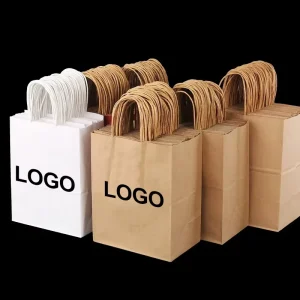 Packaging Handle Kraft Craft Brown White Food Reusable Shopping Custom Recycled Take Away Paper Bag With Your Own Logo