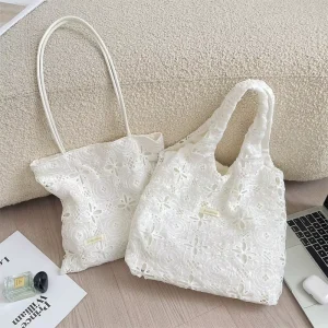 Pastoral Style Summer Fairy Embroidery White Lace Tote Bag 2 Layers Girl Vest Shopping Bag