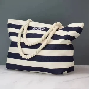Personalised Oversized Black Canvas Beach Tote Bag Natural Color Rope Handle Embroidered Customised Logo with Striped Beach Bag