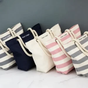 Personalised Oversized Canvas Beach Tote Bag Natural Color Rope Handle Embroidered Customised Logo with Striped Beach Bag
