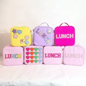 Personalized Back to School Chenille Letter Patches Waterproof Nylon Student Children Lunch Box Nylon Cooler Bag Kids Lunch Bag